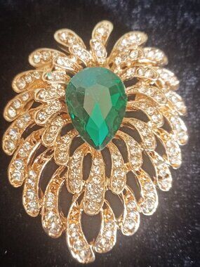 Elegant Green, and Clear Rhinestone Brooch